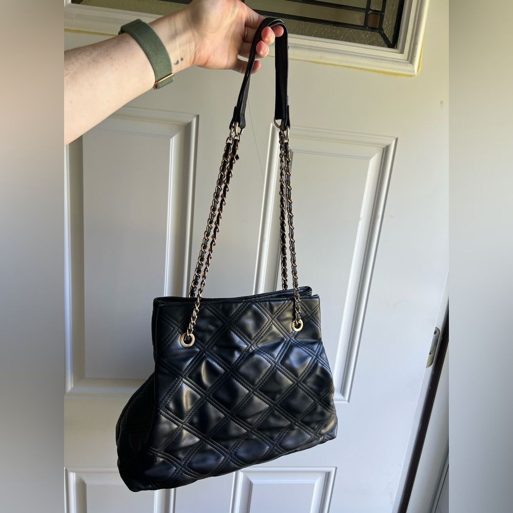 Caroline Hill Quilted Gold Chain Shoulder Bag in Black